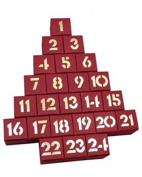 Adventskalender d'rot Karton mit goldenen Zahlen für 24 Trüffel/Pralinen von ca. 3,5cm, Tannenform